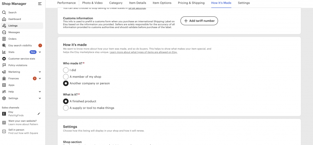 Screenshot of Etsy core details on their listing form. 